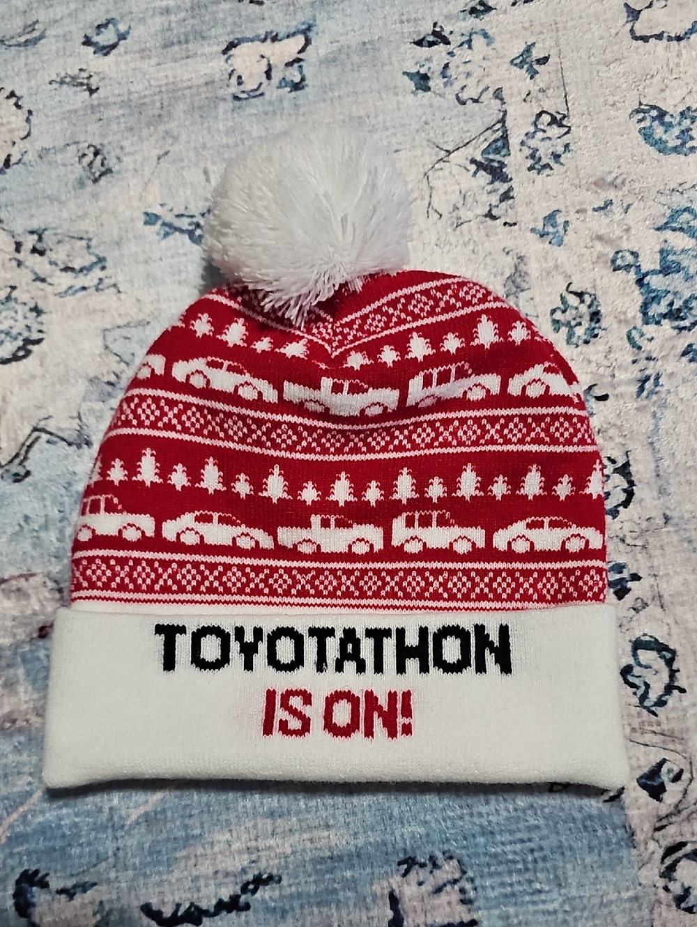 Toyota Toyotathon Is On Beanie Hat Red White Knit Fair Isle Pom Pom Winter Cap